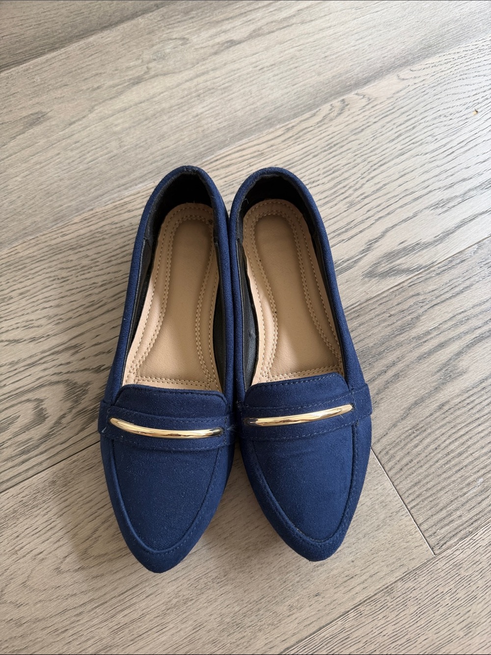 EUC Women's Navy Pointed Toe Loafers with Gold Accent